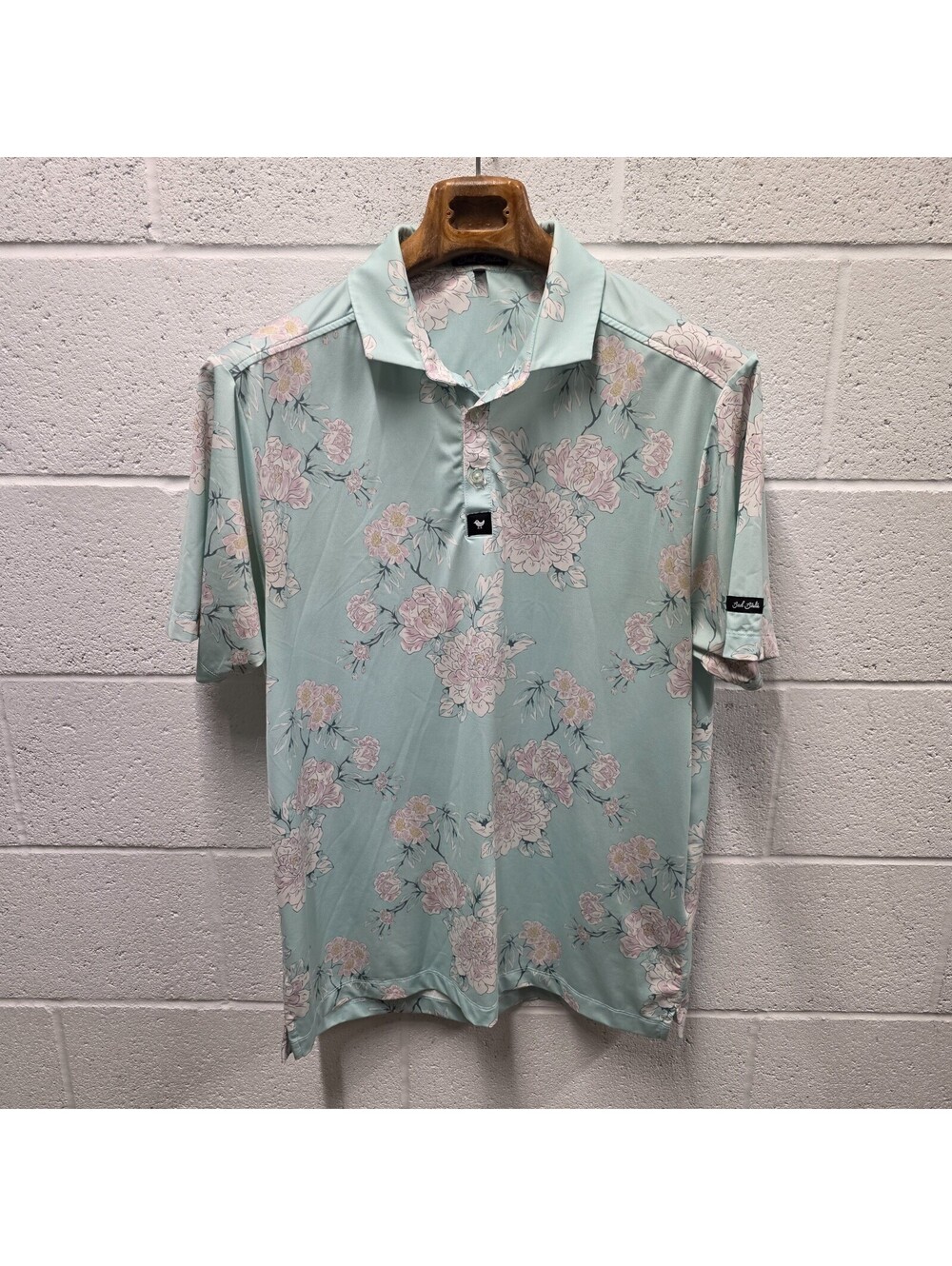 Bad Birdie Polo Golf Shirt Mens L Hawaiian Floral Aqua Blue Green Short 22x32